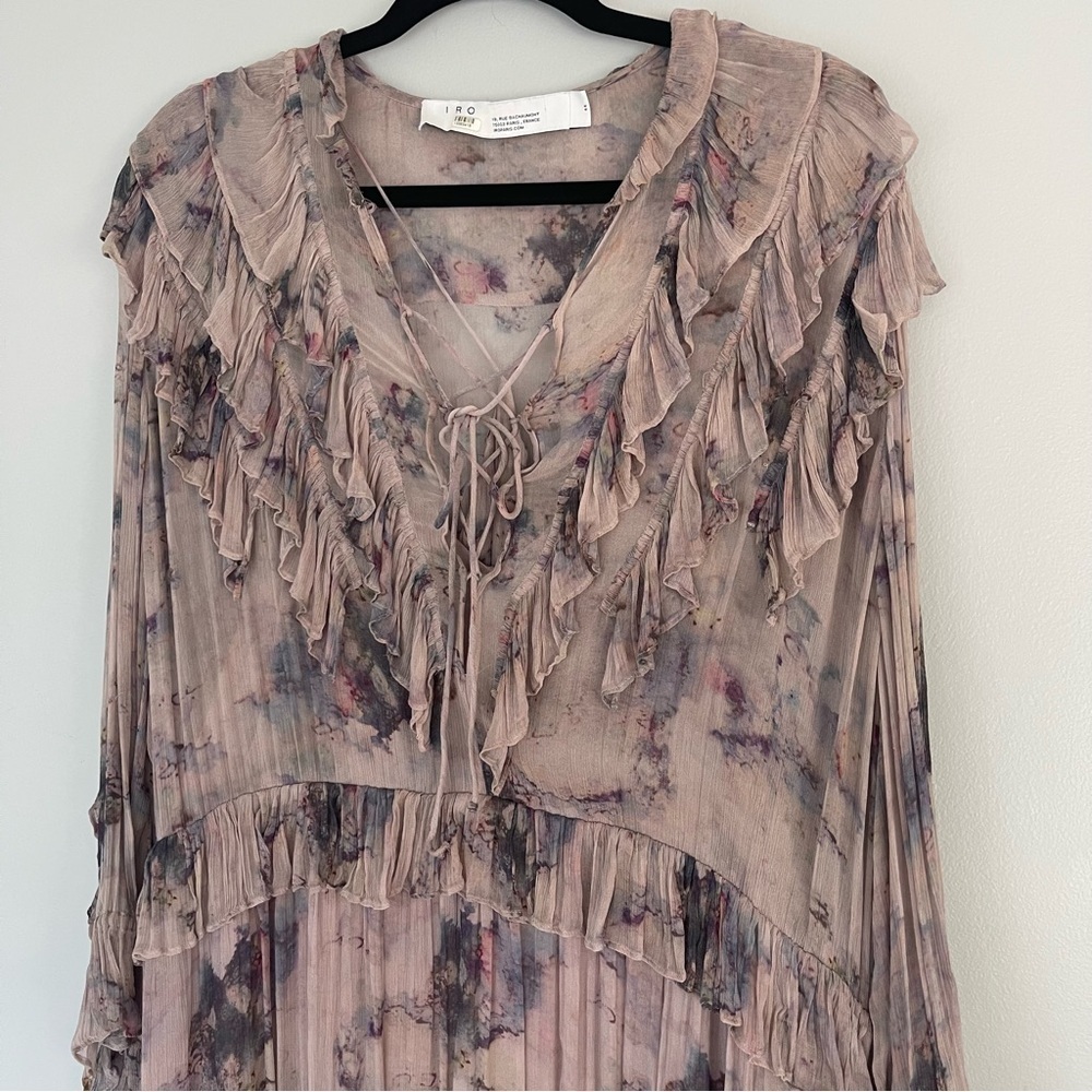 IRO Banon Floral Mini Blouson Dress Ruffles V-Neck Lace Up Size 44 - Picture 5 of 16